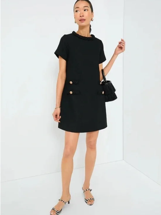 Tuckernuck Jackie Tweed Black Short-Sleeve Mini Shift Dress - Picture 1 of 5
